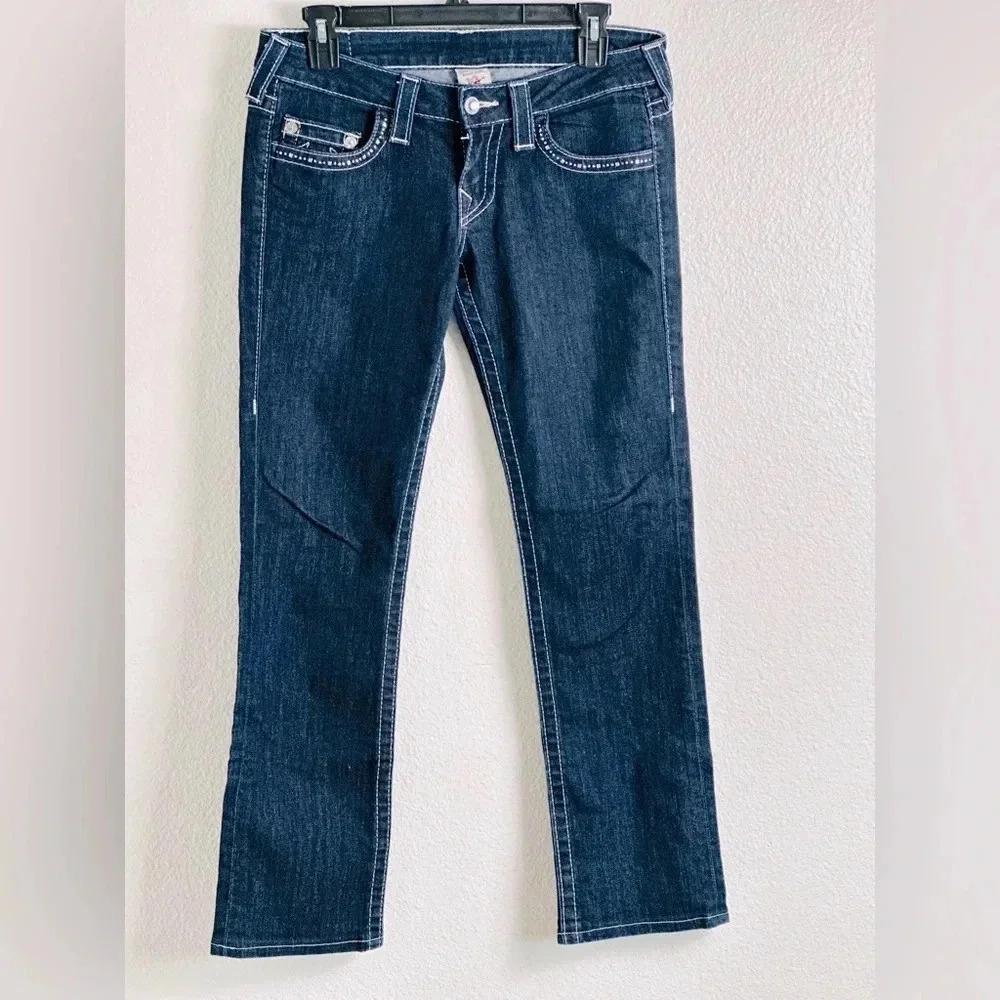True Religion Mid Rise Straight Studded Straight Rhinestone Pockets Jean Size 28